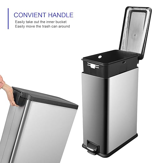 12 Gallon Trash Can, Stainless Steel Trash Can with Fingerprint-Resistant, Removal Inner Buck &Soft Close Plastic Lid, Step Garbage Can for Kitchen and Office, 45 Liter Capacity