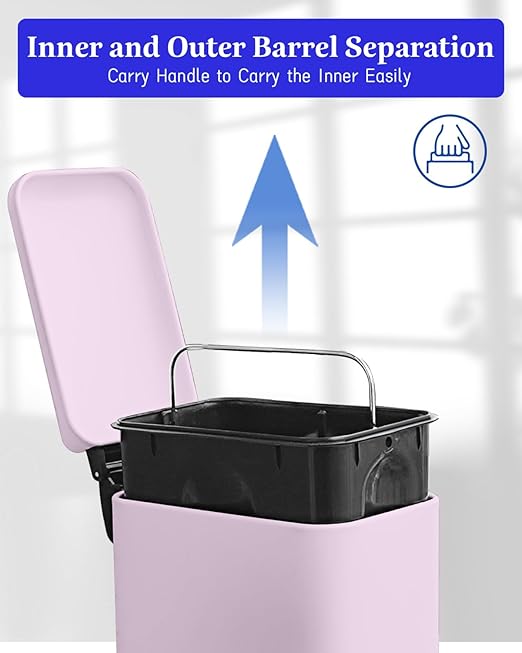 Bathroom Trash Can with Lid, 1.3 Gallon Trash Can with Removable Inner Bucket, Stainless Steel Garbage Can, Soft Close, Slim Pedal Trash Bin for Small Place, 5 Liters, Pink
