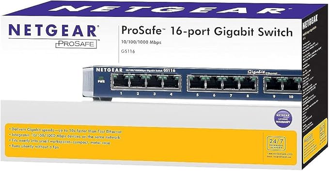 NETGEAR 16-Port Gigabit Ethernet Unmanaged Switch (GS116NA) - Desktop or Wall Mount, and Limited Lifetime Protection