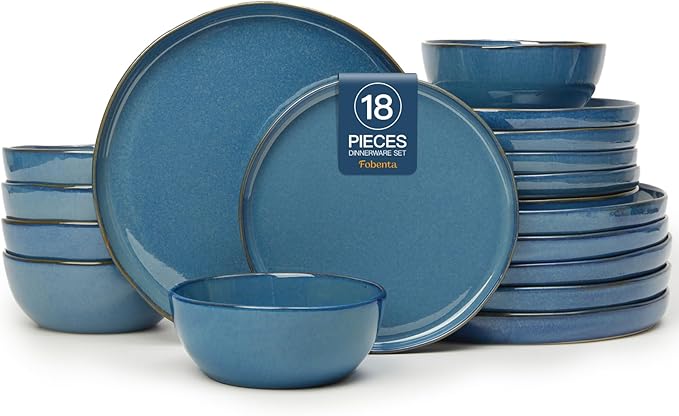 18 Piece Slate Blue Ceramic Plates and Bowls Set,Minimalist Dinnerware Sets for 6 – Dark Dish Set with Sculpted Edge for Modern Living