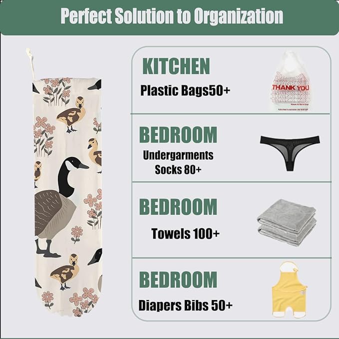 Duck Gifts Plastic Bag Holder, Wall Mount Grocery Bag Holder for Plastic Bags, Pull Rope Free Adjustment, Washable Reusable Grocery Bags Storage Dispenser for Home Kitchen, Flower Gifts for Women Mom