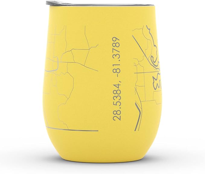 Well Told Engraved Orlando Florida Map Insulated Wine Tumbler, Etched Stainless Steel Cup (12 oz, Sunrise Yellow) City Map Insulated Tumbler, Custom Insulated Tumbler, Outdoor Drinkware
