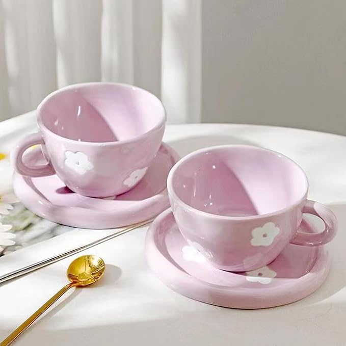 Coffee Mugs Set with Saucer Cute Purple Flowers Cup Gifts for Women for Birthday Tea Coffee Mug Saucer 250 ML Ceramic Cup Birthday Gift for Women Girls Mom Friend Coffee Mug aucer Set