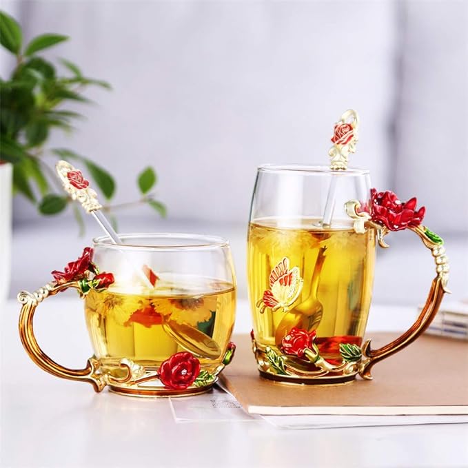 Luka Tech Enamel Butterfly flower Lead-free Glass Coffee Mugs Tea Cup with Steel Spoon, personalised Gifts For Women Wife Mom Girl Teacher Friends Birthday Mothers Valentines Day Wedding (Rose)