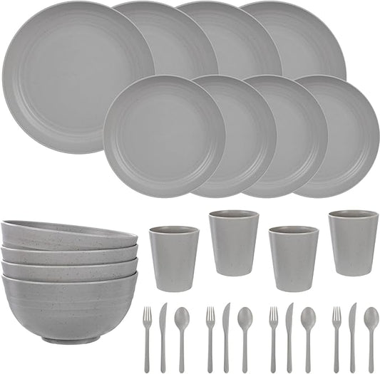 LIYH 28 Pcs Kitchen Plates and Bowls Set, Wheat Straw Dinnerware Sets, Unbreakable Plates and Bowls Sets for 4, Reusable Plate Wheat Straw Dishes Set for Daily & Camping, Light Grey Kitchen Decor