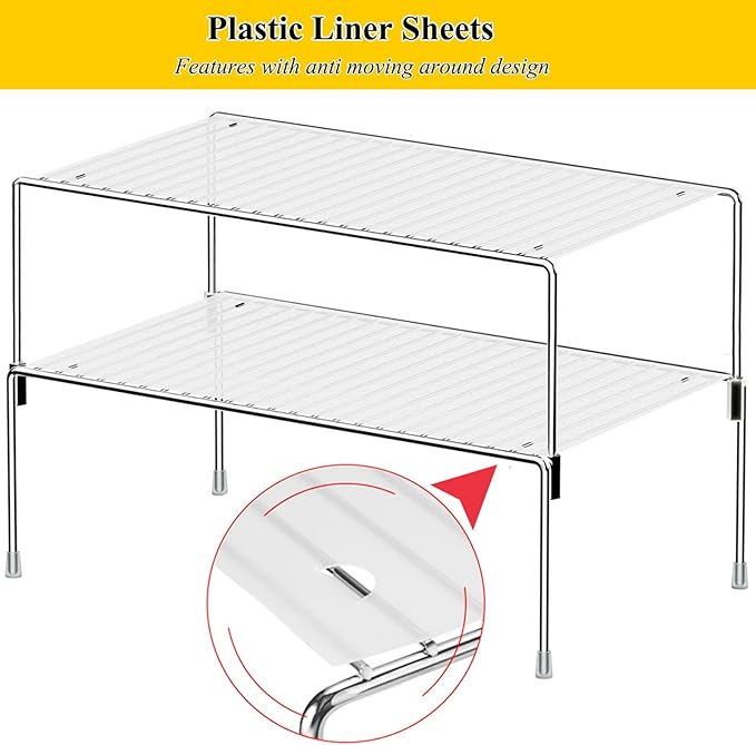 Set of 2 Kitchen Cabinet Organizer Shelves, Stackable Organizer and Storage for Cabinet Cupboard, Expandable Shelf Risers Plate Rack with Anti-Slip Plastic Liner