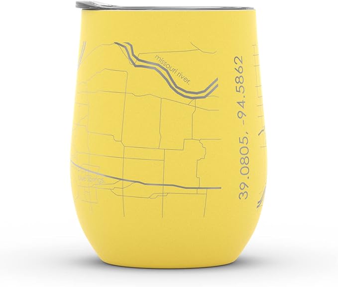 Well Told Engraved Kansas City Missouri Map Insulated Wine Tumbler, Etched Stainless Steel Cup (12 oz, Sunrise Yellow) City Map Insulated Tumbler, Custom Insulated Tumbler, Outdoor Drinkware