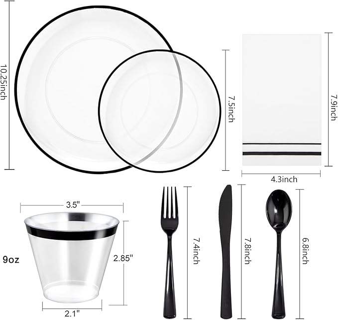 NOCCUR 350PCS Clear and Black Plastic Plates - Disposable Dinnerware Set for 50 Guests Include 100 Dinner/Dessert Plates,150 Black Cutlery,50 Cups&50 Napkins Ideal for Party/Birthday/New Year