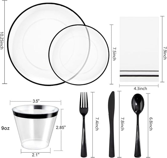 NOCCUR 350PCS Clear and Black Plastic Plates - Disposable Dinnerware Set for 50 Guests Include 100 Dinner/Dessert Plates,150 Black Cutlery,50 Cups&50 Napkins Ideal for Party/Birthday/New Year