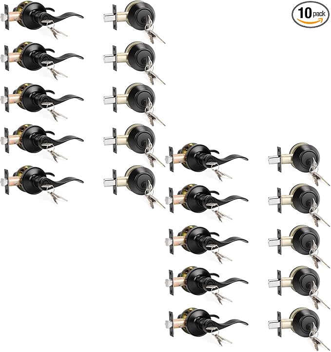 KNOBWELL 10 Pack Front Door Entry Lever Lockset with Single Cylinder Deadbolt Exterior Door Lock Set with Deadbolt, Matte Black (Keyed Alike)