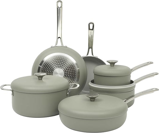 Sur La Table Kitchen Essentials Potluck Porch 10 Piece PFA Free Ceramic Non stick Interior Forged Aluminum Cookware Pots and Pans Set W/Aluminum Lids - Green - Induction Compatible