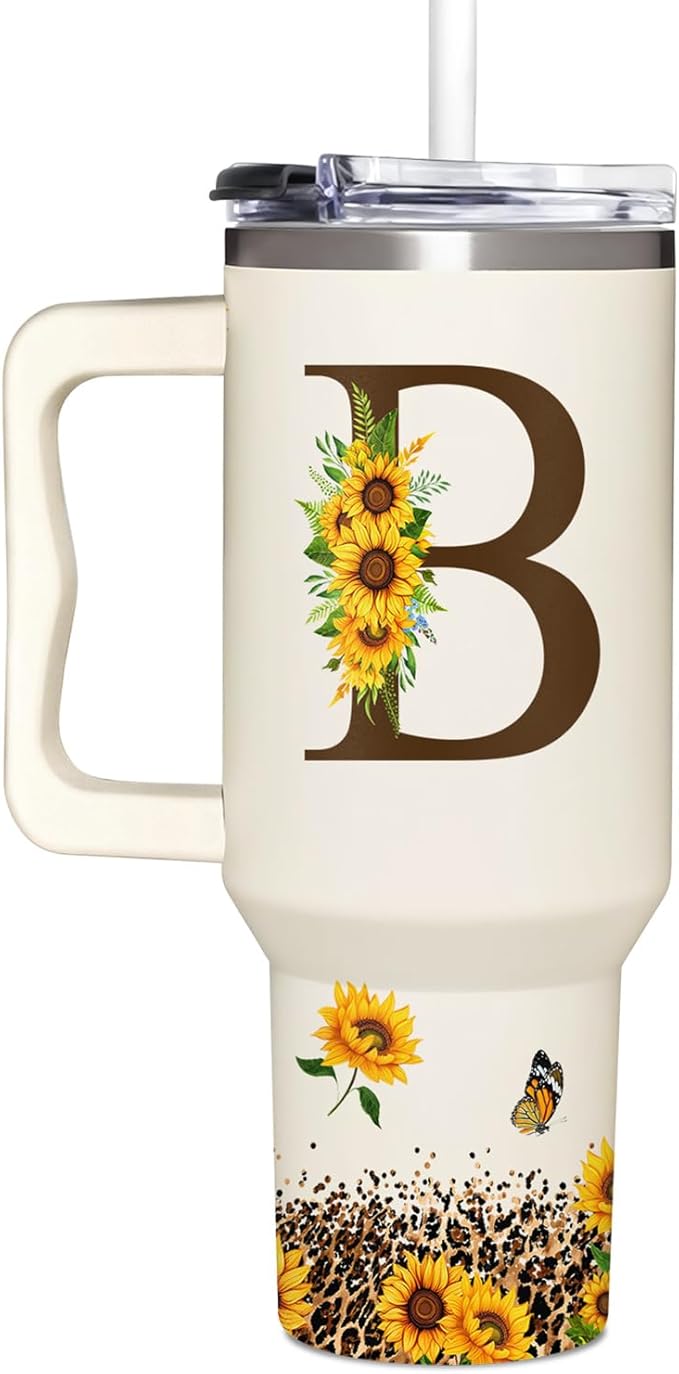 Personalized Birthday Gifts For Women - Sunflowers Monogrammed Cup For Boss Day, Christmas - Customized Gifts For Women, Mom, Wife, Coworkers, Boss Lady, Her - Custom Tumbler With Handle 40oz