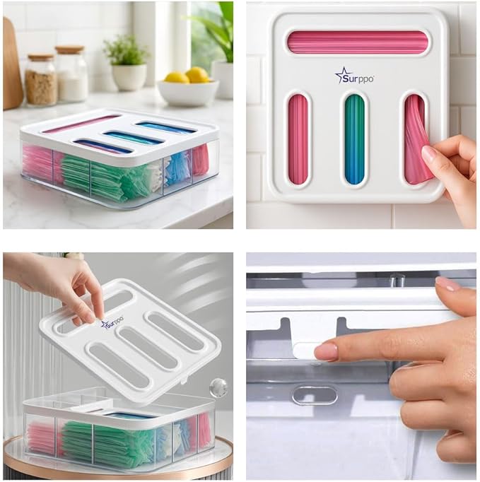 Food Storage Bag Organizer, Plastic Baggie Holder, 4 in 1 Plastic Bag Organizer for Gallon, Quart, Snack & Sandwich, Kitchen Drawer Organizer & Wall Mount Ziplock Bag Holder, White/clear