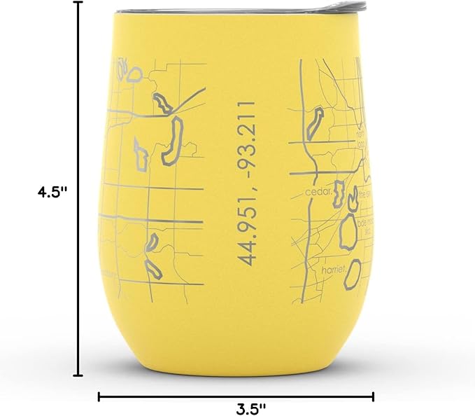 Well Told Engraved Minneapolis Minnesota Map Insulated Wine Tumbler, Etched Stainless Steel Cup (12 oz, Sunrise Yellow) City Map Insulated Tumbler, Custom Insulated Tumbler, Outdoor Drinkware