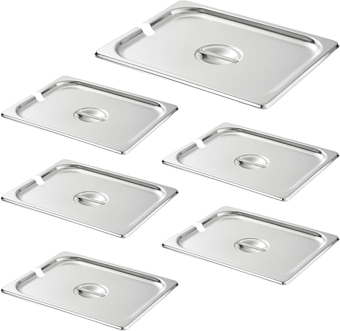 HECMAC 6-Pack 1/2 Size Notched Hotel Pan Cover, Heavy Duty Stainless Steel Solid Steam Table Catering Food Pan Lid with Handle, 23 Gauge