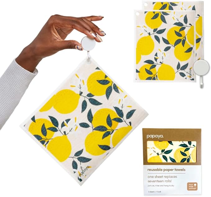 Papaya Reusable Paper Towels, Premium Swedish Dishcloths, Washable Reusable Dish Cloths, 1 Sheet Replaces 17 Rolls, Eco Friendly Stocking Stuffer - 2 Sheets, 1 Hook