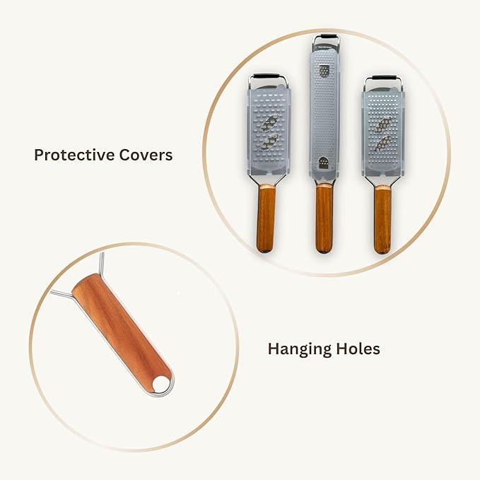 NAZANIN Grater Set of 3 – 304 Stainless Steel Cheese Grater, Zester & Vegetable Grater with Acacia Wood Handles – Handheld Kitchen Graters for Garlic, Ginger, Lemon, Nutmeg & more