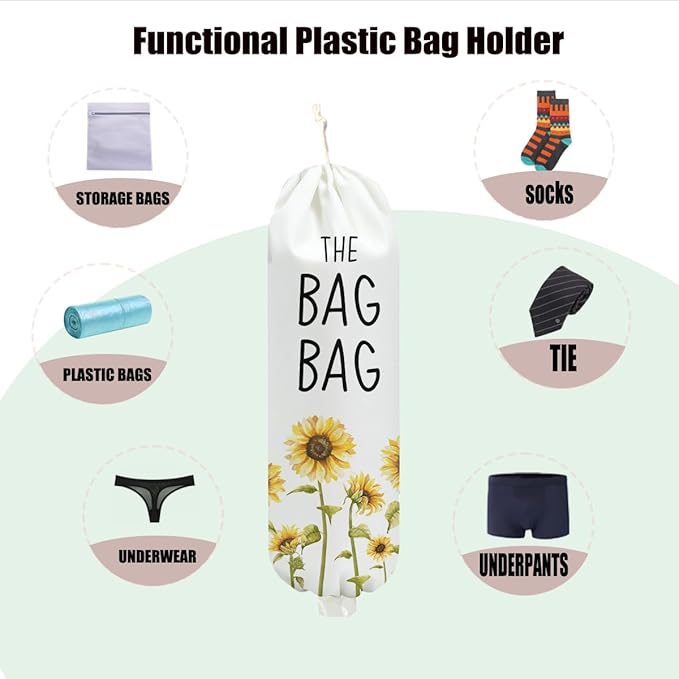 Sunflower Plastic Bag Holder for Kitchen Essentials, Wall Mount Grocery Bag Holder for Plastic Bags, Floral Reusable Grocery Bags Storage Dispenser for Home Kitchen Decor, Sunflower Gifts for Women