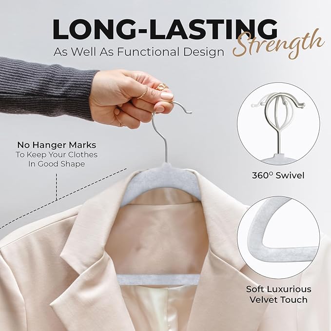 50 Pack Velvet Hanger for Shirt Pants Dresses Skirts Suits Jackets - Slim Space Saving Design - Standard Coat Hanger - Sturdy & Durable Design with Shoulder Grooves Hook - Ivory