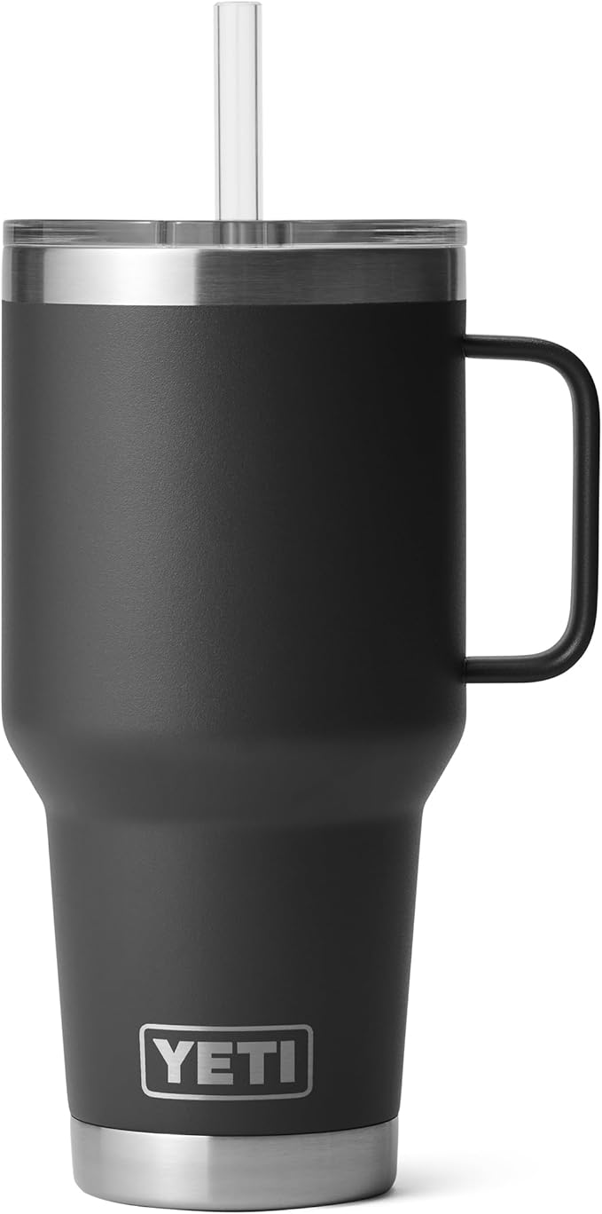 YETI Rambler 35 oz Tumbler with Handle and Straw Lid, Travel Mug Water Tumbler, Vacuum Insulated Cup with Handle, Stainless Steel, Black