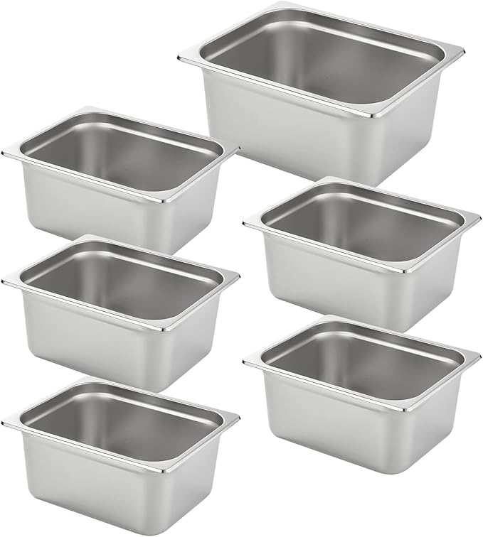 HECMAC 6 Pack Anti-Jam Hotel Pans, 1/2 Size 6 Inch Deep, Heavy Duty, Commercial Stainless Steel Chafing Steam Table Pan, Catering Storage Metal Food Pan, 23 Gauge