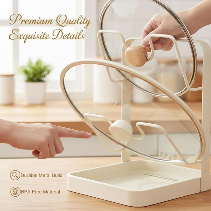 Kitchen Pot Lid Storage Rack, 2026 New Upgrade Kitchen Pot Lid Storage Rack with Tray For Counter, Three Layer Multifunctional Kitchens Pots Lids Holder Organizer (White, Single - Countertop)