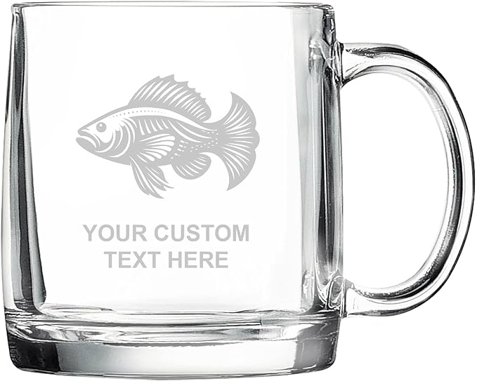 Fish, Personalized 12.5 oz Polar Camel Glass Coffee Desk Mug – Custom Laser Engraved Clear Cup for Tea, Espresso, Latte, Whiskey - Microwave Safe/Made in USA
