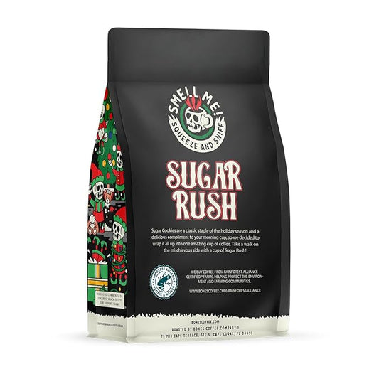 Bones Coffee Company Sugar Rush, Sugar Cookies Flavored Coffee, Medium Roast Low Acid Arabica Beans Compatible with Auto drip and French Press Coffee Maker, 12 Oz Ground