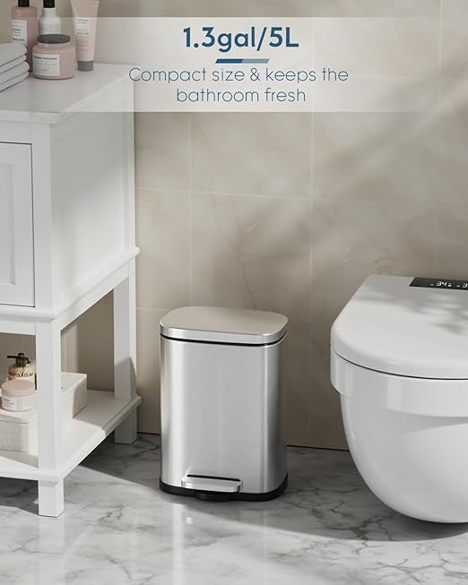 Arlopu 13.2+1.3 Gallon Step Trash Can, Stainless Steel Garbage Bin, Soft-Close Rubbish Bin with Removable Plastic Inner Bucket, Fingerprint-Proof, Lid Dustbin, for Kitchen Home (Silver)