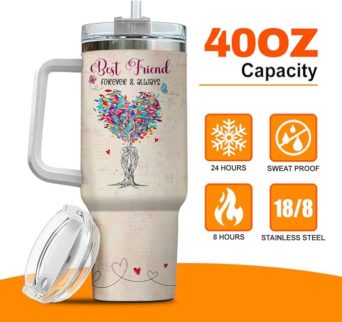 Tumbler 40 Oz With Handle Lid And Straw, Butterfly Funny Handle For Steel Stainless Coffee Women Yellow Heart Tumblers Cups Friends, Best Friend Tree Colorful