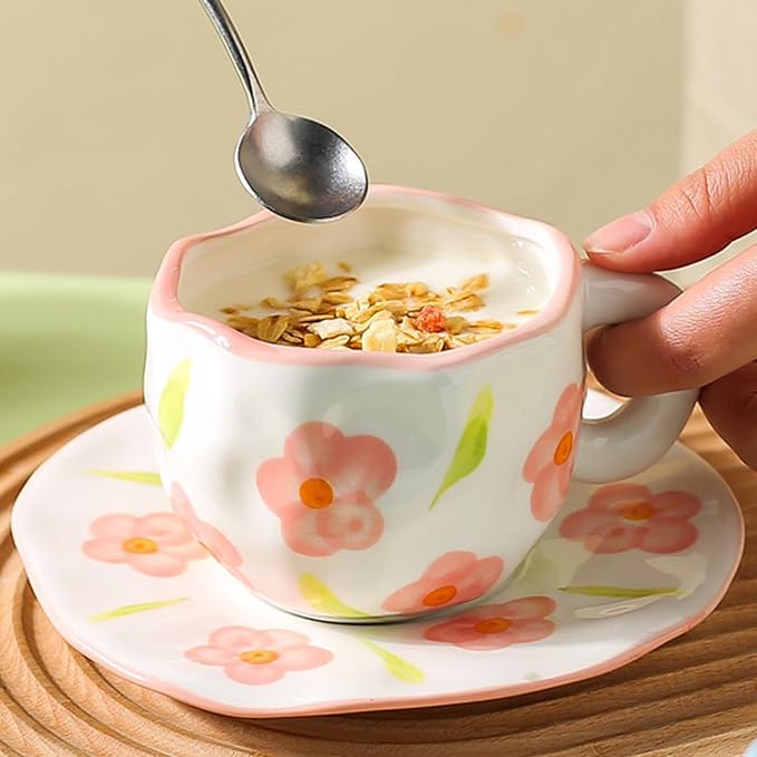 Coffee Mugs Set with Saucer Cute Flowers Cup Gifts for Women Birthday Tea Coffee Mug with Coaster 250 ML Ceramic Cup Birthday Gift for Women Girls Mom Friend Coffee Mug aucer Set