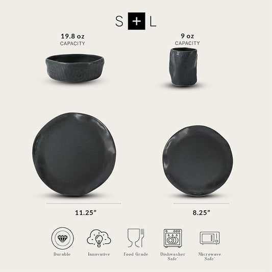 Stone by Mercer Project Atik Modern Stoneware 16-Piece Dinnerware Set, Plate and Bowl Set, Dish set for 4, Charcoal Black Speckled