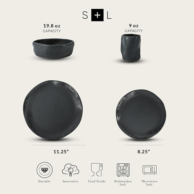 Stone by Mercer Project Atik Modern Stoneware 32-Piece Dinnerware Set, Plate and Bowl Set, Dish set for 8, Charcoal Black Speckled
