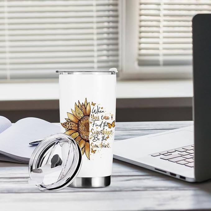 Sunflower Gifts for Women Tumbler, Positive Sunflower Stuff Accessories Birthday Christmas, Inspirational Sunshine Butterfly Coffee Mug Stainless Steel Vacuum Insulated Double Wall Travel Cup 20oz