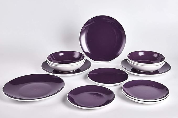 Stoneware Coupe Shape 12pc Dinnerware Set, Outside White + Inside Purple
