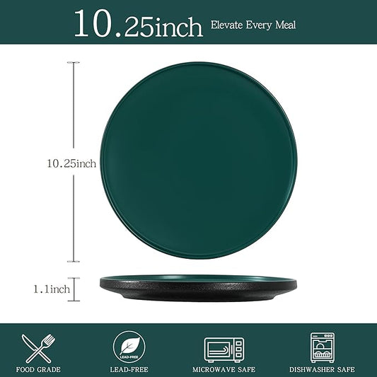 Stoneware Dinner Plates Set of 4, 10.25 Inch Plates for Steak, Pasta, Ceramic Plates Sets, Microwave Safe, Dishwasher Safe, Versatile for All Seasons, Matte Green