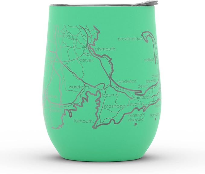 Well Told Engraved Cape Cod Massachusetts Map Insulated Wine Tumbler, Etched Stainless Steel Cup (12 oz, Sunday Green) City Map Insulated Tumbler, Custom Insulated Tumbler, Outdoor Drinkware