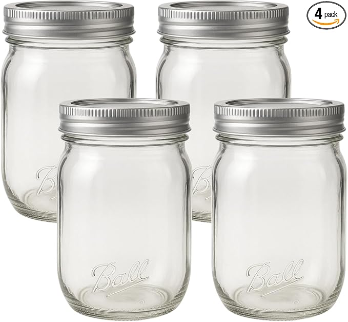 Ball Regular Mouth Easy Label Glass Mason Jars with Lids and Bands, Used for Canning, Pickling, Juice, Jam, Jelly, Pint Size 16 Ounce (Pack of 4)