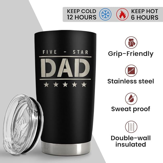 SANDJEST Five-star Dad Tumbler with Lid - Best Dad 20oz Insulated Stainless Steel Mug - Coffee Cup for Travel Sport Outdoor Activities Office, Gift for Birthday Father's Day