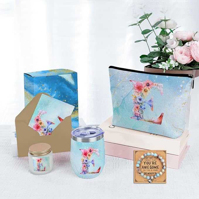 Personalized Gifts Monogrammed Birthday Gifts for Women, Daughter Bestie Friendship Christmas Halloween Initial Wine Tumbler Makeup Bag Scented Candle Bracelet Set, (Aesthetic Blue Flower E)