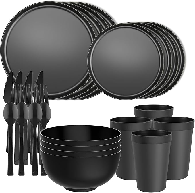 20 Piece RV & Camping Dinnerware Set, Elegant Ceramic-Look Large Bowls & Plates, Unbreakable & 100% Microwave Safe, Melamine Alternative Service for 4, Black