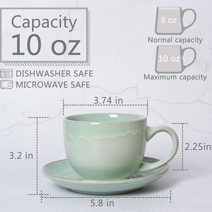 Bosmarlin Ceramic Cappuccino Cup and Saucer Set of 2, 10 Oz, Coffee Cups for Latte, Espresso, Tea, Dishwasher and Microwave Safe, Reavtive Glaze (Green)
