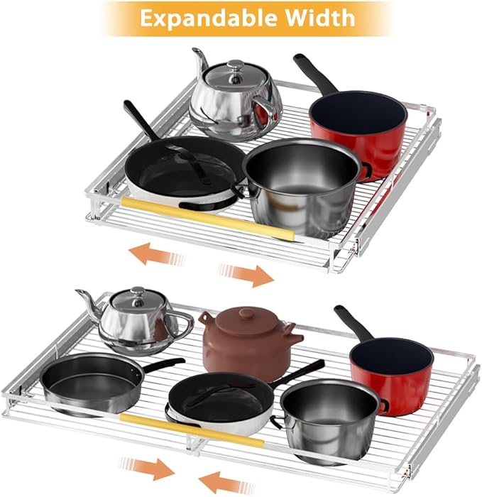 SANNO Pull Out Cabinet Organizer,Expandable Slide Out Shelf, Bottom-Mounted Sliding Shelf Under Sink Shelf, Expandable Shelves with Sliding for Kitchen Cabinets Under Sink,3