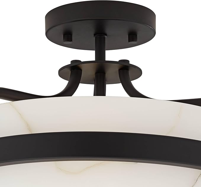 Possini Euro Design Bregman 13" Modern Semi Flush-Mount Ceiling Light Fixture Kitchen Foyer Hallway Drum Round Black Finish White Stone Glass Metal Bedroom Bathroom Entryway Living Room Indoor