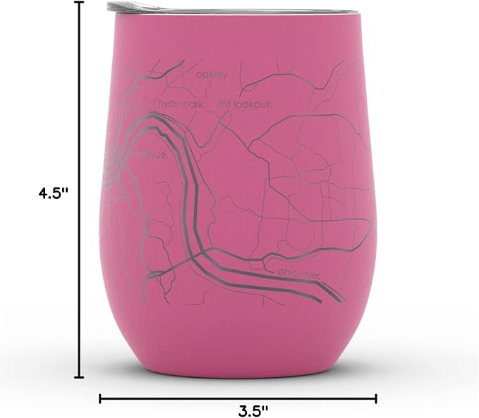 Well Told Engraved Cincinnati Ohio Map Insulated Wine Tumbler, Etched Stainless Steel Cup (12 oz, Sunset Pink) City Map Insulated Tumbler, Custom Insulated Tumbler, Outdoor Drinkware
