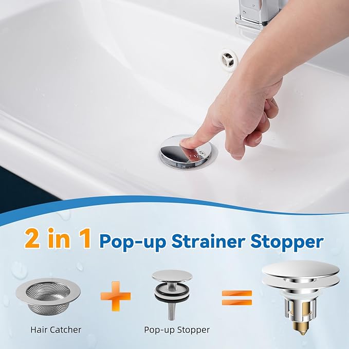 iFealClear 2 Pack Universal Bathroom Sink Stopper, Pop Up Sink Drain Strainer with Hair Catcher Basket, Fit 1.1"-2.36" US Basin, Wash Basin Drain Plug with Large Cover Cap, Brass Bounce Core, Chrome