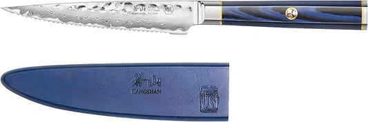 Cangshan KITA Series 5-Inch Serrated Utility Knife with Sheath, High Carbon X-7 Damascus Steel, 501448
