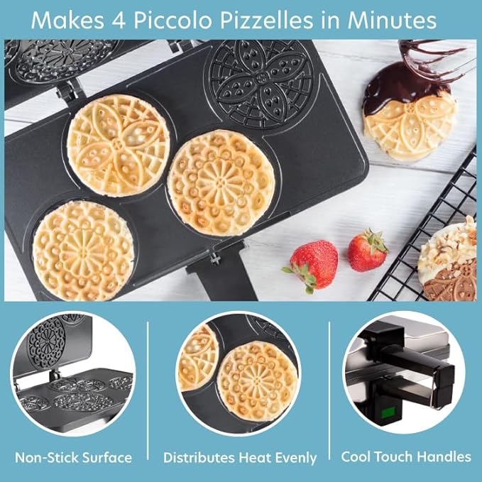 Piccolo Pizzelle Baker- Nonstick Electric Press Makes 4 Mini Holiday Cookies at Once- Recipe Guide Included- Fun Christmas Baking Supplies for Party, Italian Waffle Dessert Treat Making- Gift for Her