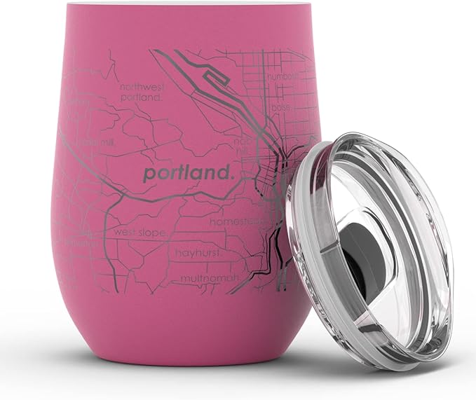 Well Told Engraved Portland Oregon Map Insulated Wine Tumbler, Etched Stainless Steel Cup (12 oz, Sunset Pink) City Map Insulated Tumbler, Custom Insulated Tumbler, Outdoor Drinkware