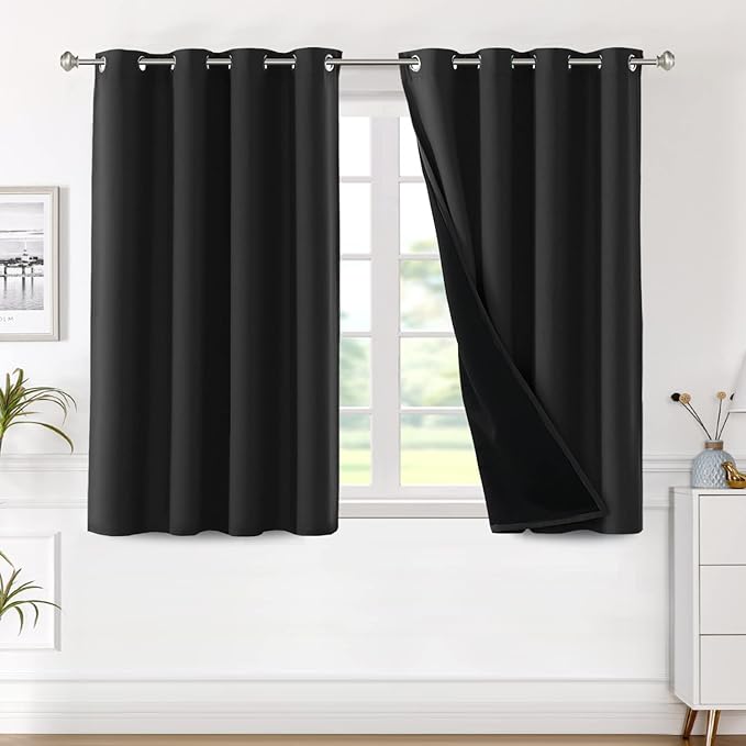 H.VERSAILTEX 100% Blackout Curtain Panels 45 Inches Long Thermal Insulated Blackout Lined Curtains for Bedroom Two Layers Full Light Blocking Drapes for Living Room, 2 Panels, Black